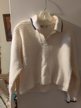 SO Cream Waffle Knit V-Neck Polo Sweater with Navy Trim